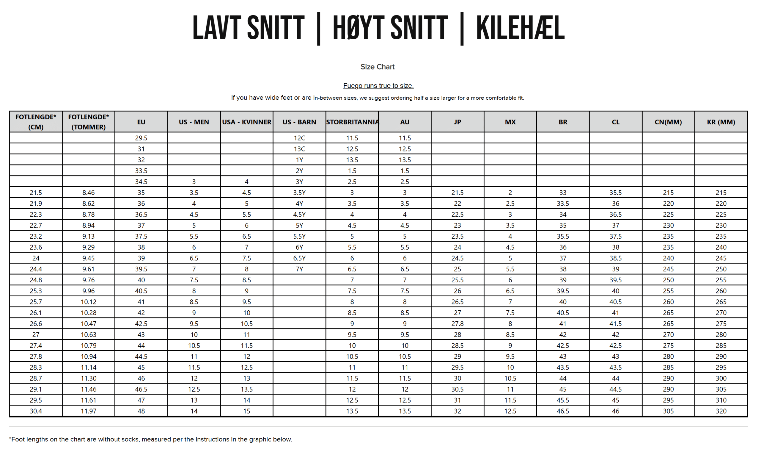 Fuego Size Chart Low Top