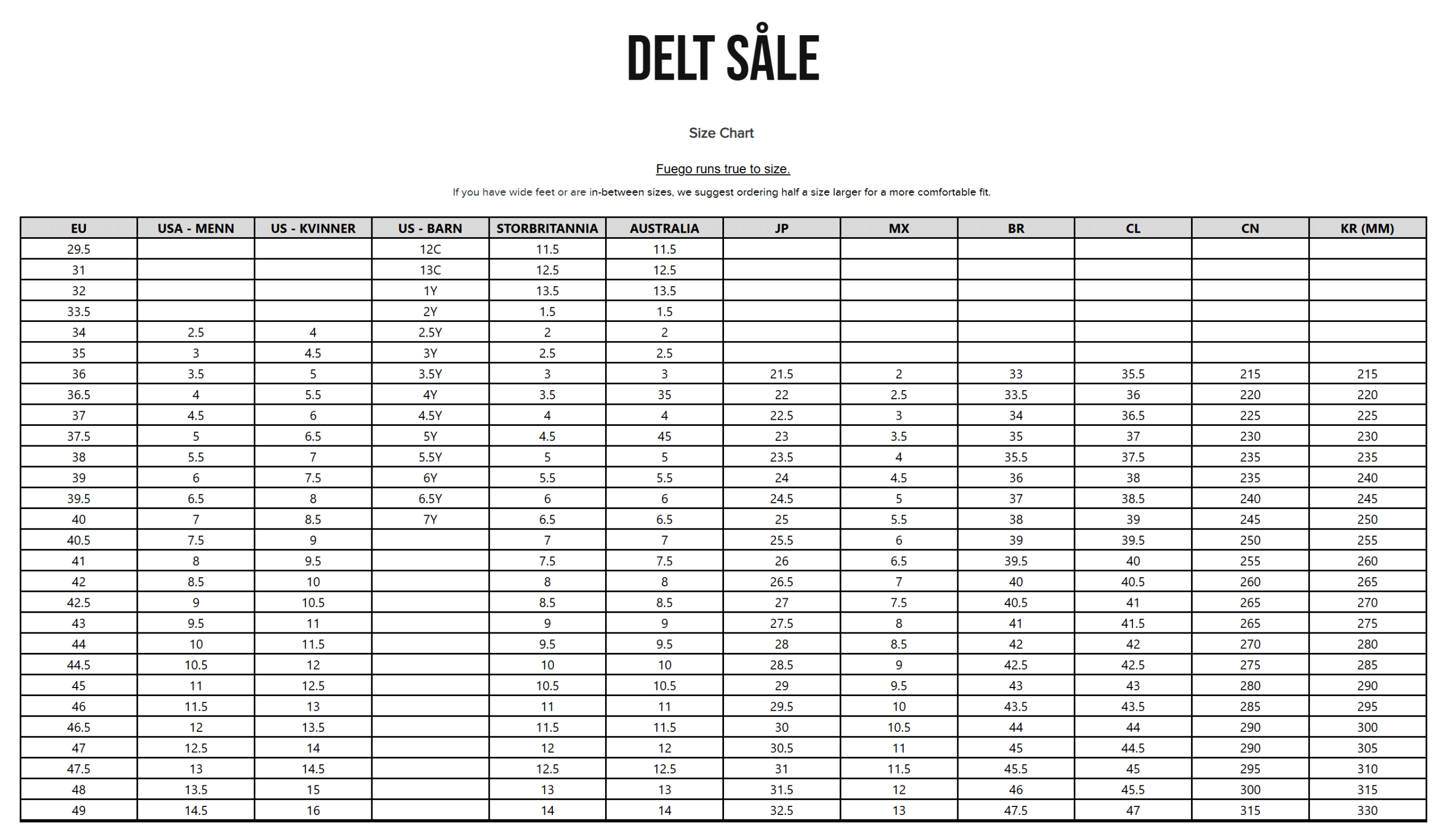 Fuego Size Chart Split Sole